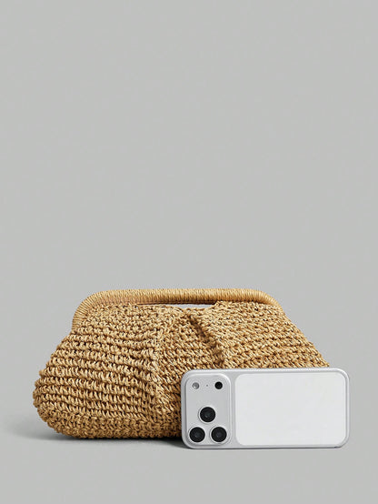 Ontre Stylish Handmade Khaki Straw Pleated Cloud Clutch Bag, Suitable For Vacation Travel Beach, Bohemia