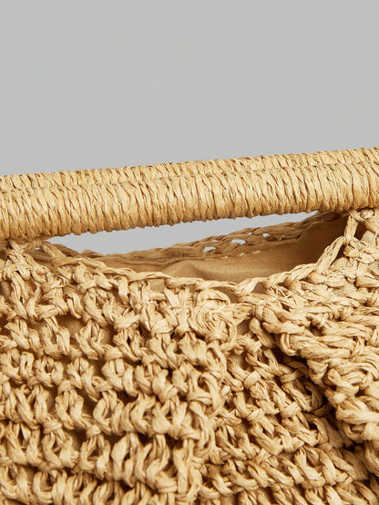 Ontre Stylish Handmade Khaki Straw Pleated Cloud Clutch Bag, Suitable For Vacation Travel Beach, Bohemia