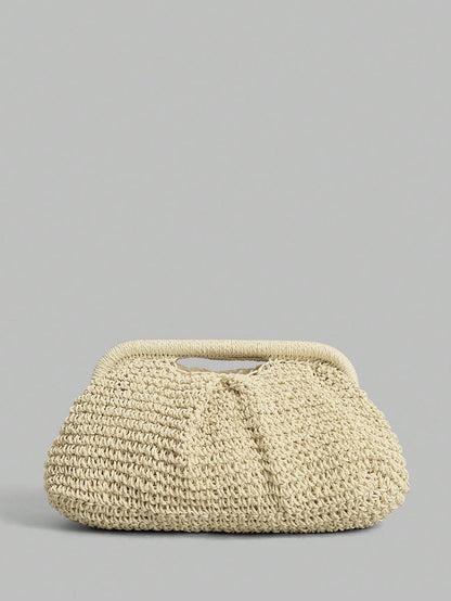 Ontre Stylish Handmade Khaki Straw Pleated Cloud Clutch Bag, Suitable For Vacation Travel Beach, Bohemia