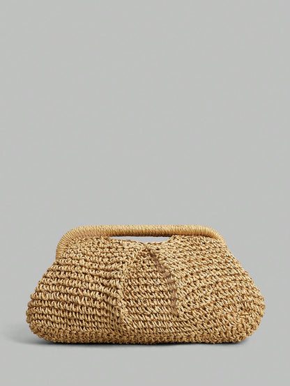 Ontre Stylish Handmade Khaki Straw Pleated Cloud Clutch Bag, Suitable For Vacation Travel Beach, Bohemia