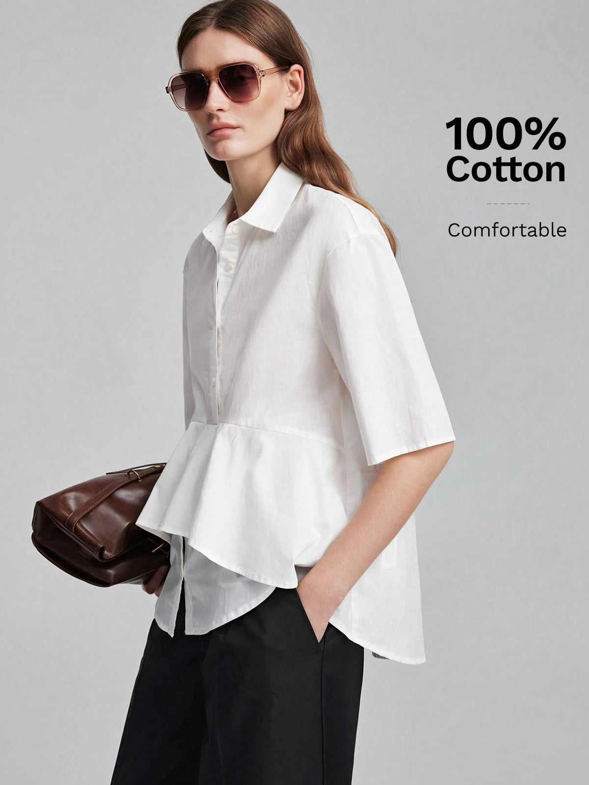 Ontre Women's White Fitted Shirt Lapel Collar, Regular Shoulders, Short Sleeves, All-Season Elegant French Office Wear, Blouse Summer Teachers' Day