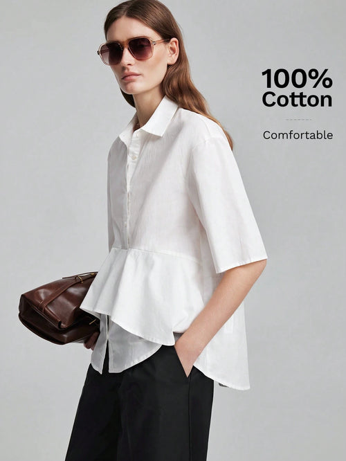 Ontre Women's White Fitted Shirt Lapel Collar, Regular Shoulders, Short Sleeves, All-Season Elegant French Office Wear, Blouse Summer Teachers' Day