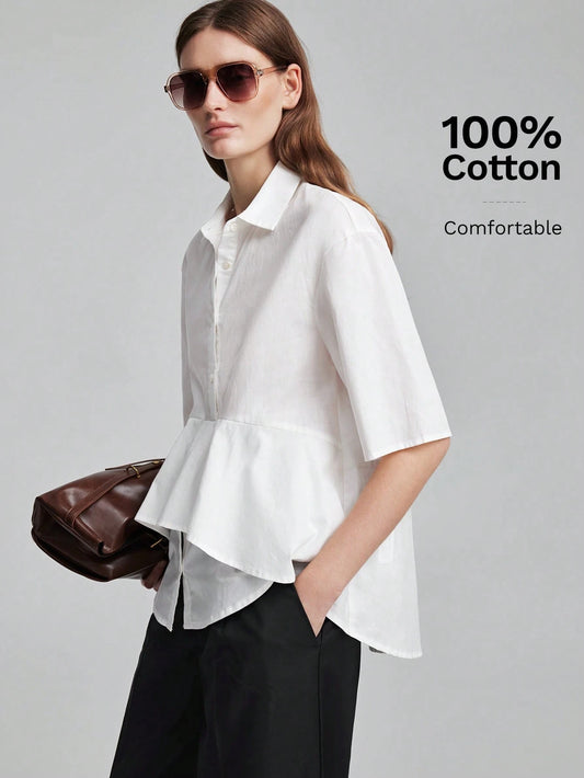 Ontre Women's White Fitted Shirt Lapel Collar, Regular Shoulders, Short Sleeves, All-Season Elegant French Office Wear, Blouse Summer Teachers' Day