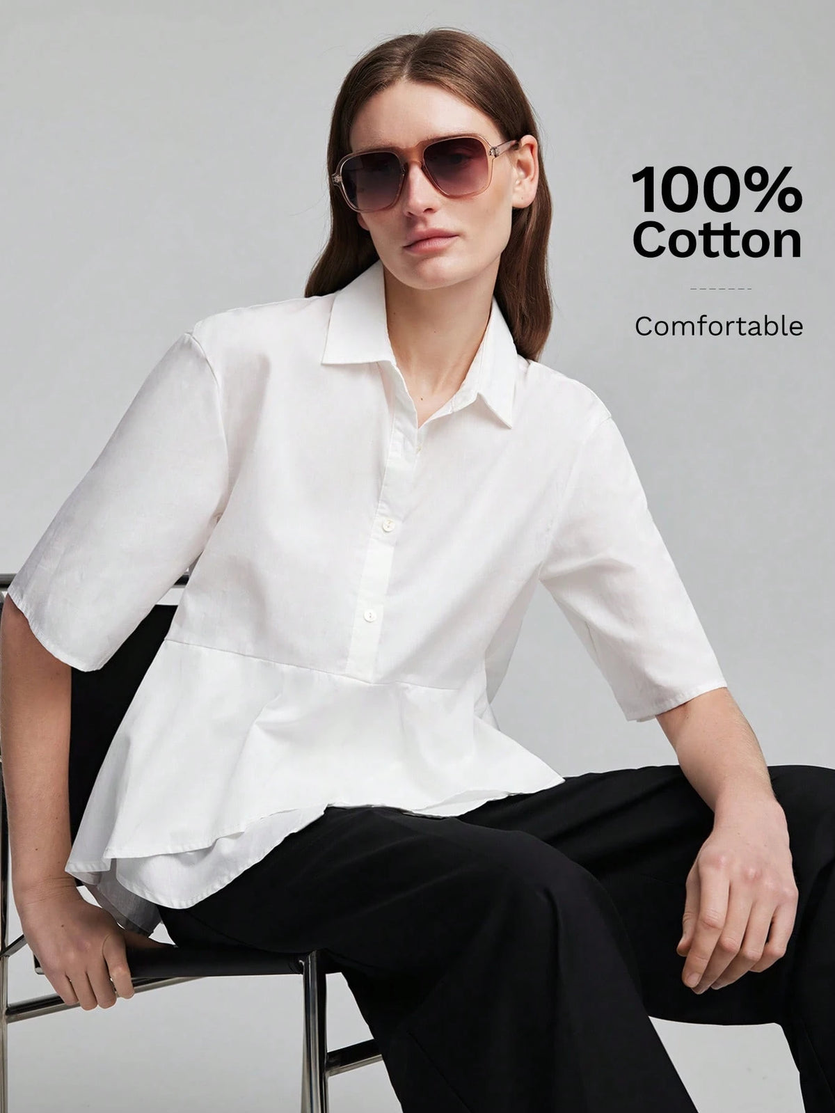 Ontre Women's White Fitted Shirt Lapel Collar, Regular Shoulders, Short Sleeves, All-Season Elegant French Office Wear, Blouse Summer Teachers' Day