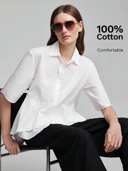 Ontre Women's White Fitted Shirt Lapel Collar, Regular Shoulders, Short Sleeves, All-Season Elegant French Office Wear, Blouse Summer Teachers' Day