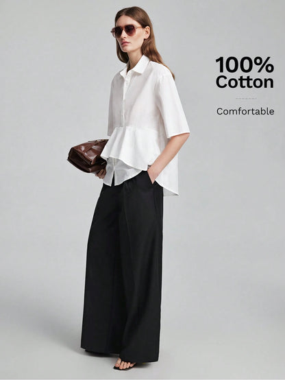 Ontre Women's White Fitted Shirt Lapel Collar, Regular Shoulders, Short Sleeves, All-Season Elegant French Office Wear, Blouse Summer Teachers' Day