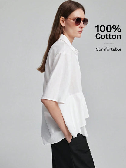 Ontre Women's White Fitted Shirt Lapel Collar, Regular Shoulders, Short Sleeves, All-Season Elegant French Office Wear, Blouse Summer Teachers' Day