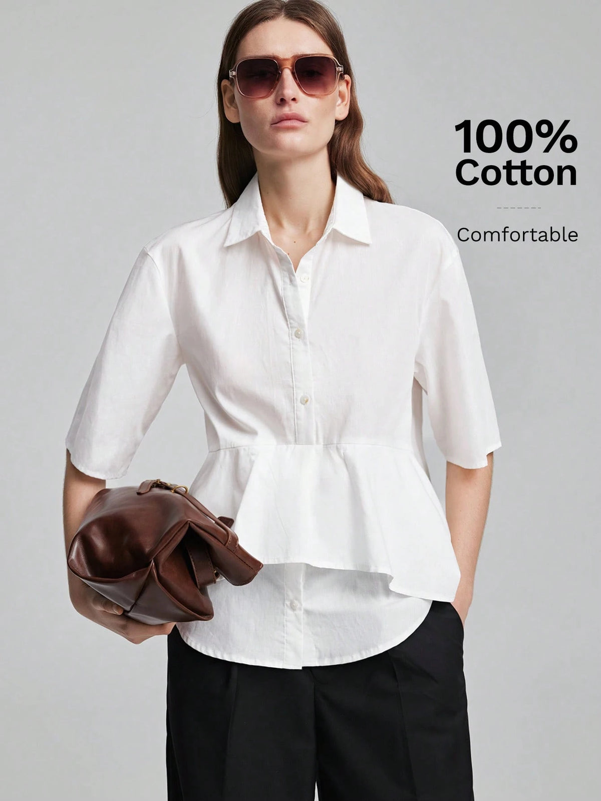 Ontre Women's White Fitted Shirt Lapel Collar, Regular Shoulders, Short Sleeves, All-Season Elegant French Office Wear, Blouse Summer Teachers' Day