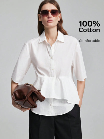 Ontre Women's White Fitted Shirt Lapel Collar, Regular Shoulders, Short Sleeves, All-Season Elegant French Office Wear, Blouse Summer Teachers' Day