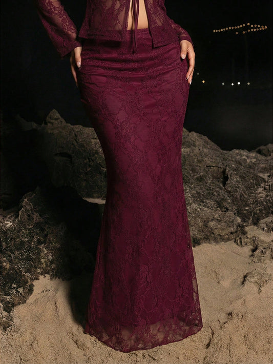 Opulessa Bridesmaid Skirt Vacation Solid Color Lace Skirt For Women, Summer Spring, Beach Vacation, Elegant Going Out, Burgundy Skirt, Lace Maxi Skirt