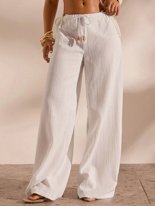 Opulessa Women's Casual Vacation Solid Color Drawstring Waist Loose Wide Leg Cover-Up Pants