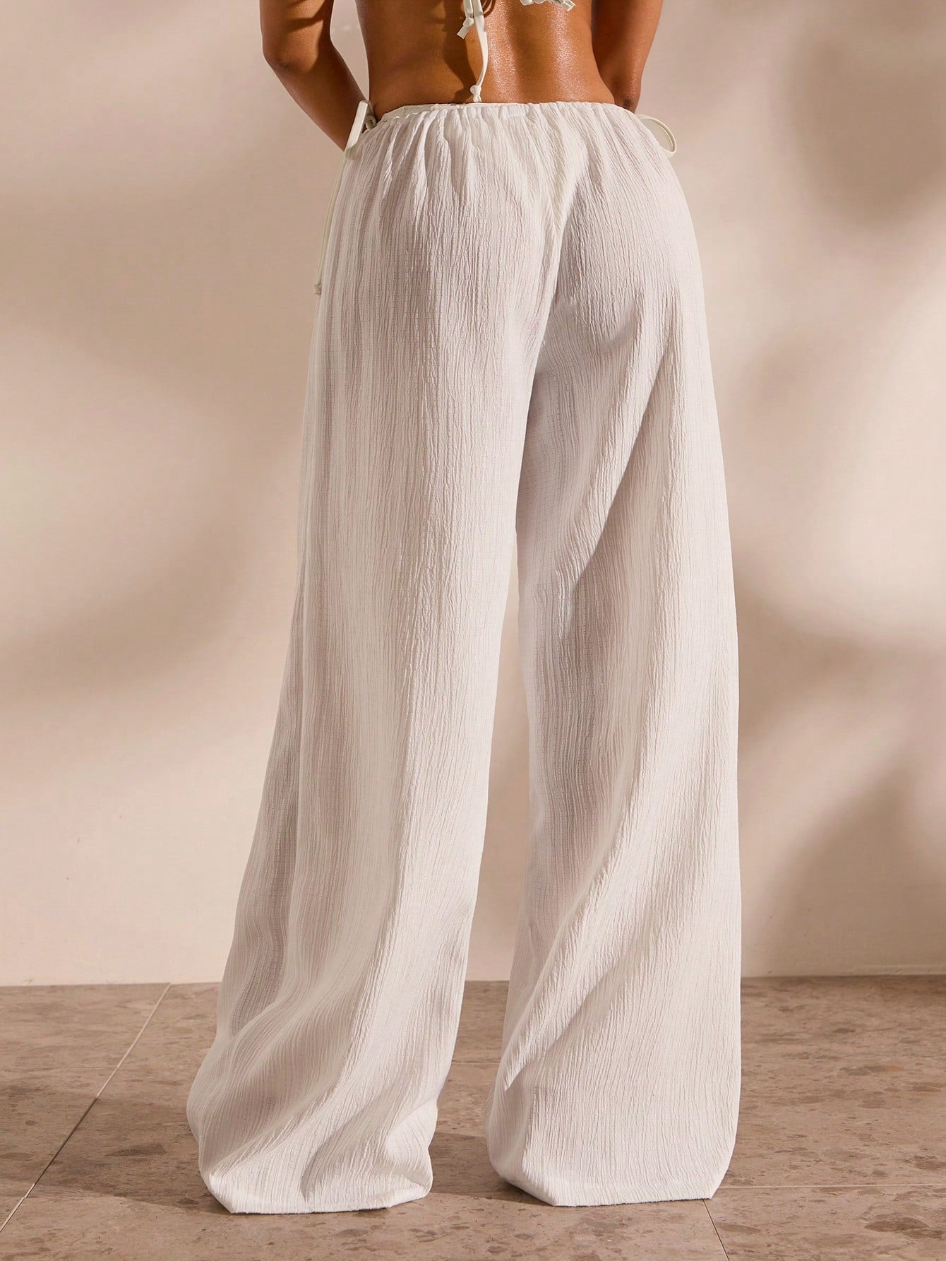 Opulessa Women's Casual Vacation Solid Color Drawstring Waist Loose Wide Leg Cover-Up Pants