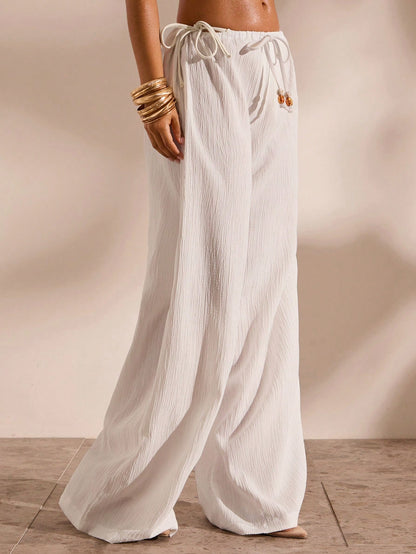 Opulessa Women's Casual Vacation Solid Color Drawstring Waist Loose Wide Leg Cover-Up Pants