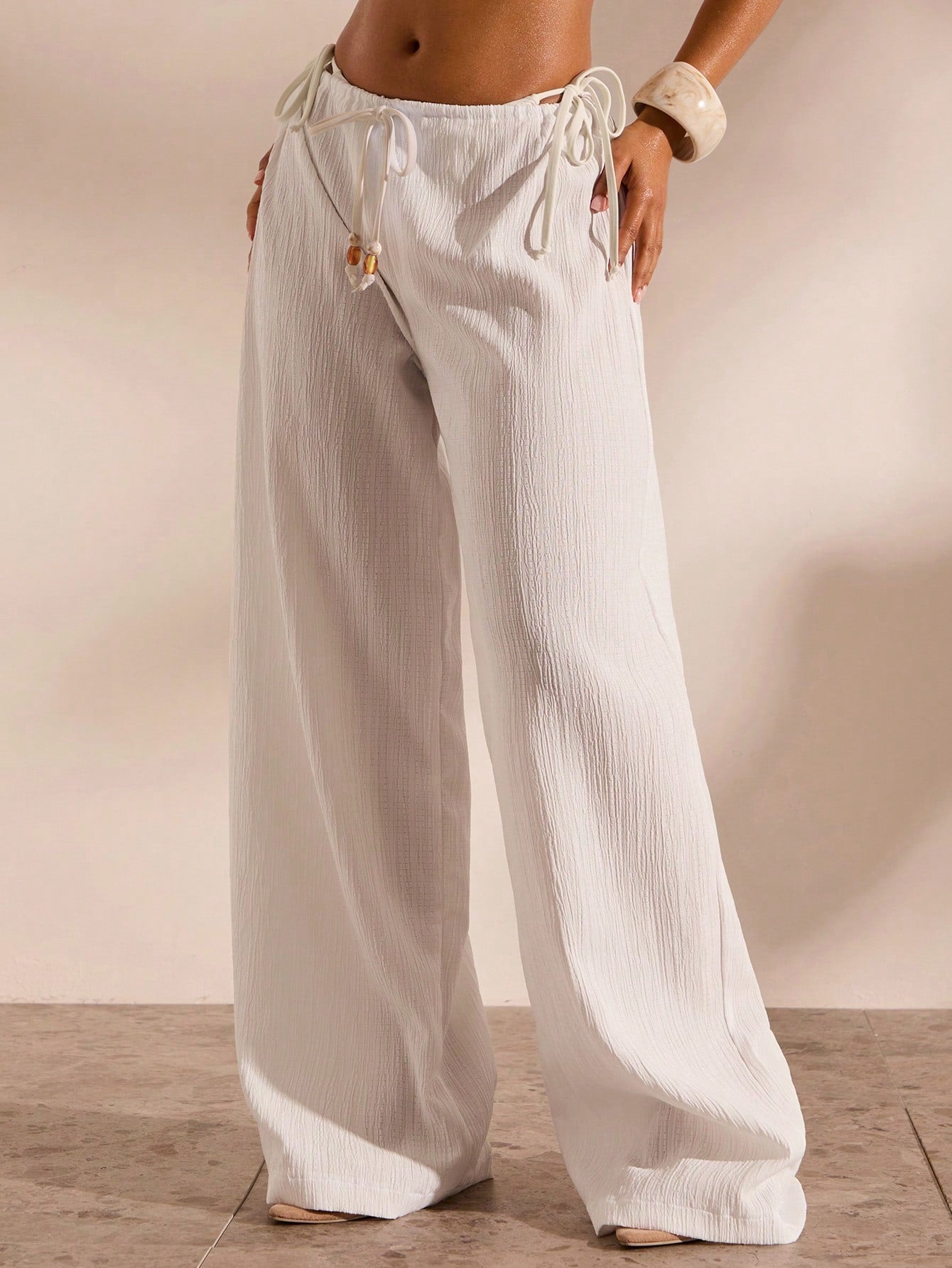 Opulessa Women's Casual Vacation Solid Color Drawstring Waist Loose Wide Leg Cover-Up Pants