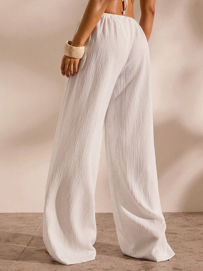 Opulessa Women's Casual Vacation Solid Color Drawstring Waist Loose Wide Leg Cover-Up Pants