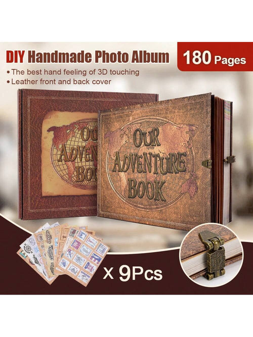 Our Adventure Book Scrapbook 180 Pages Photo Album, DIY Handmade Memory Travel Diary Photo Book Journal Scrapbook,Embossed Letter Leather Cover For Anniversary,Wedding,Valentines Day Gifts. Green/Blu