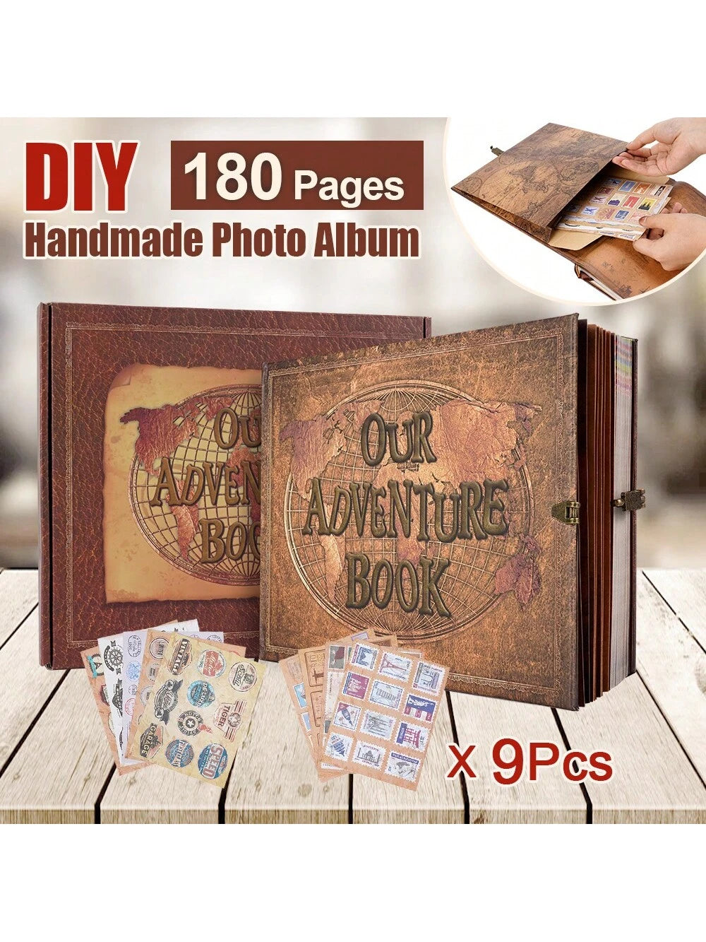 Our Adventure Book Scrapbook 180 Pages Photo Album, DIY Handmade Memory Travel Diary Photo Book Journal Scrapbook,Embossed Letter Leather Cover For Anniversary,Wedding,Valentines Day Gifts. Green/Blu