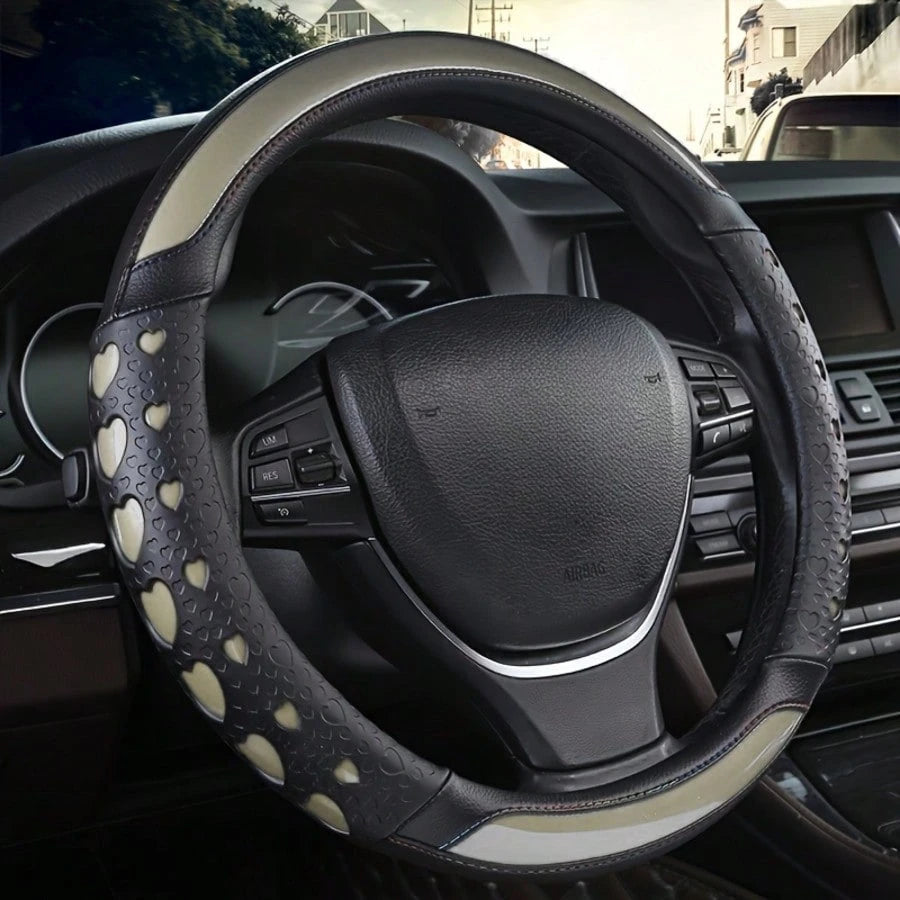 Ove Heart Design Sports Steering Wheel Cover- PU Leather Inner Ring, Enhanced Grip & Universal Fit