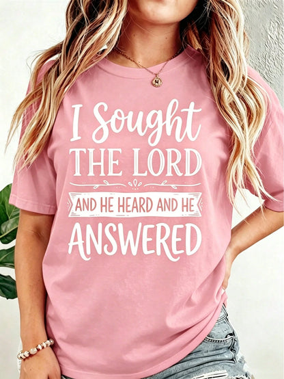 Oversized Women's Plus Size 100% Cotton Short Sleeve Crew Neck T-Shirt- With "I Sought The Lord And He Heard And He Answered" Faith Graphic