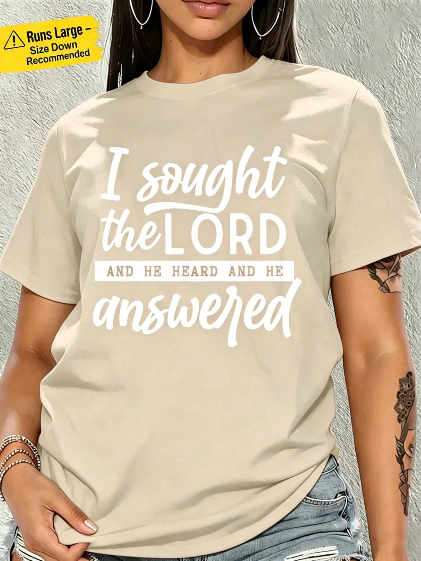 Oversized Women's Plus Size 100% Cotton Short Sleeve Crew Neck T-Shirt- With "I Sought The Lord And He Heard And He Answered" Faith Graphic