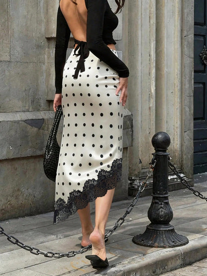 Pariaura Retro Polka Dot Lace Asymmetrical Satin Skirt, Suitable For Urban Commute, Dates, Light Social Occasions, Gentle And Elegant Style