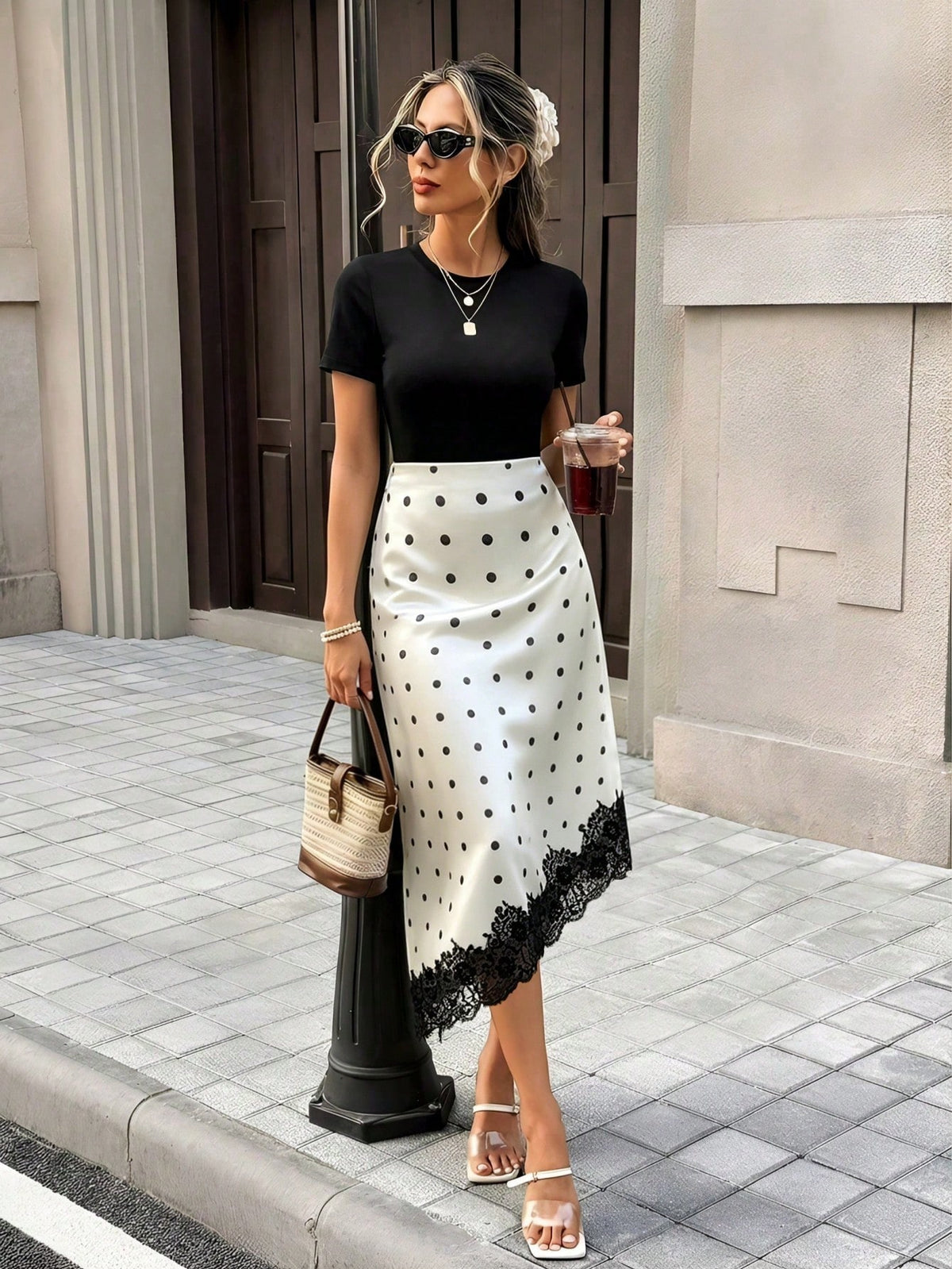 Pariaura Retro Polka Dot Lace Asymmetrical Satin Skirt, Suitable For Urban Commute, Dates, Light Social Occasions, Gentle And Elegant Style