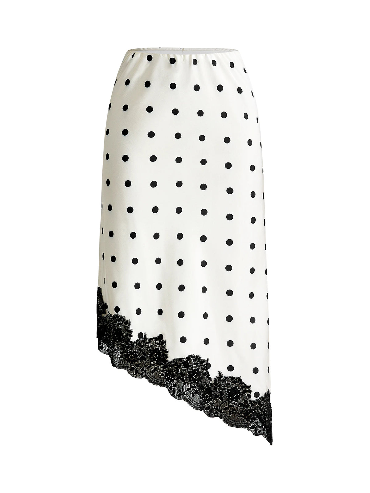 Pariaura Retro Polka Dot Lace Asymmetrical Satin Skirt, Suitable For Urban Commute, Dates, Light Social Occasions, Gentle And Elegant Style