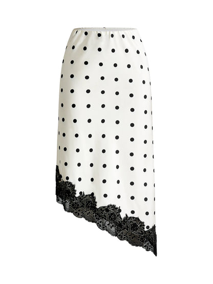 Pariaura Retro Polka Dot Lace Asymmetrical Satin Skirt, Suitable For Urban Commute, Dates, Light Social Occasions, Gentle And Elegant Style