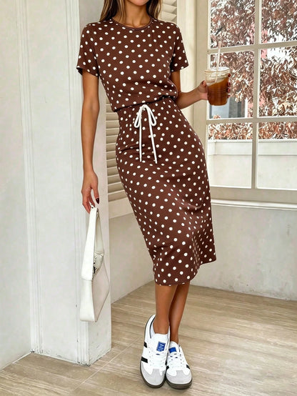 Pariaura Striped Tie-Up Midi Casual Dress For Women,Brown And White Polka Dot,Summer Brunch Retro Outfit,Spot Pulka Dot New Arrival Retro Dresses For Woman