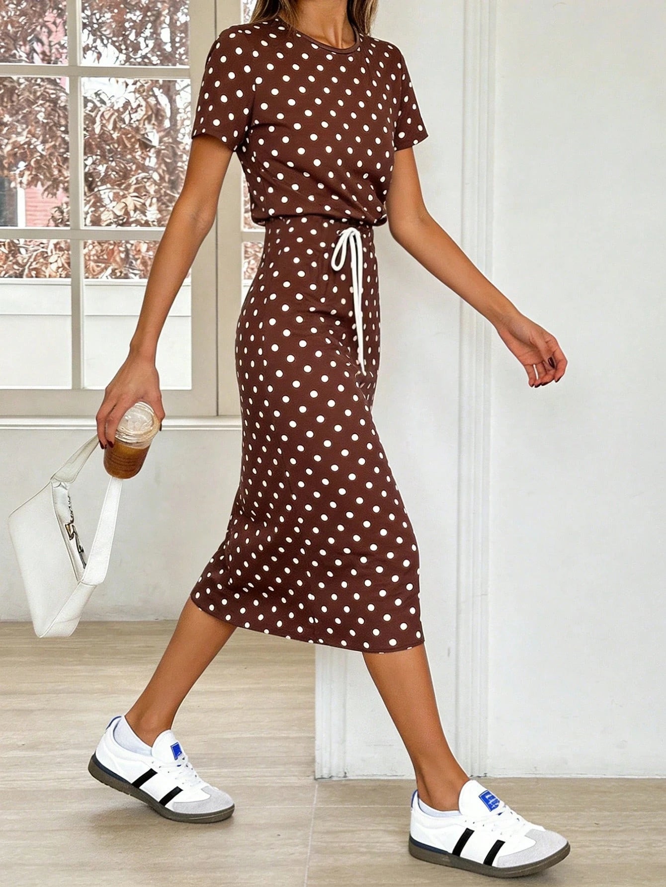 Pariaura Striped Tie-Up Midi Casual Dress For Women,Brown And White Polka Dot,Summer Brunch Retro Outfit,Spot Pulka Dot New Arrival Retro Dresses For Woman