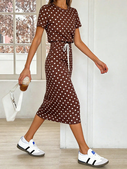 Pariaura Striped Tie-Up Midi Casual Dress For Women,Brown And White Polka Dot,Summer Brunch Retro Outfit,Spot Pulka Dot New Arrival Retro Dresses For Woman