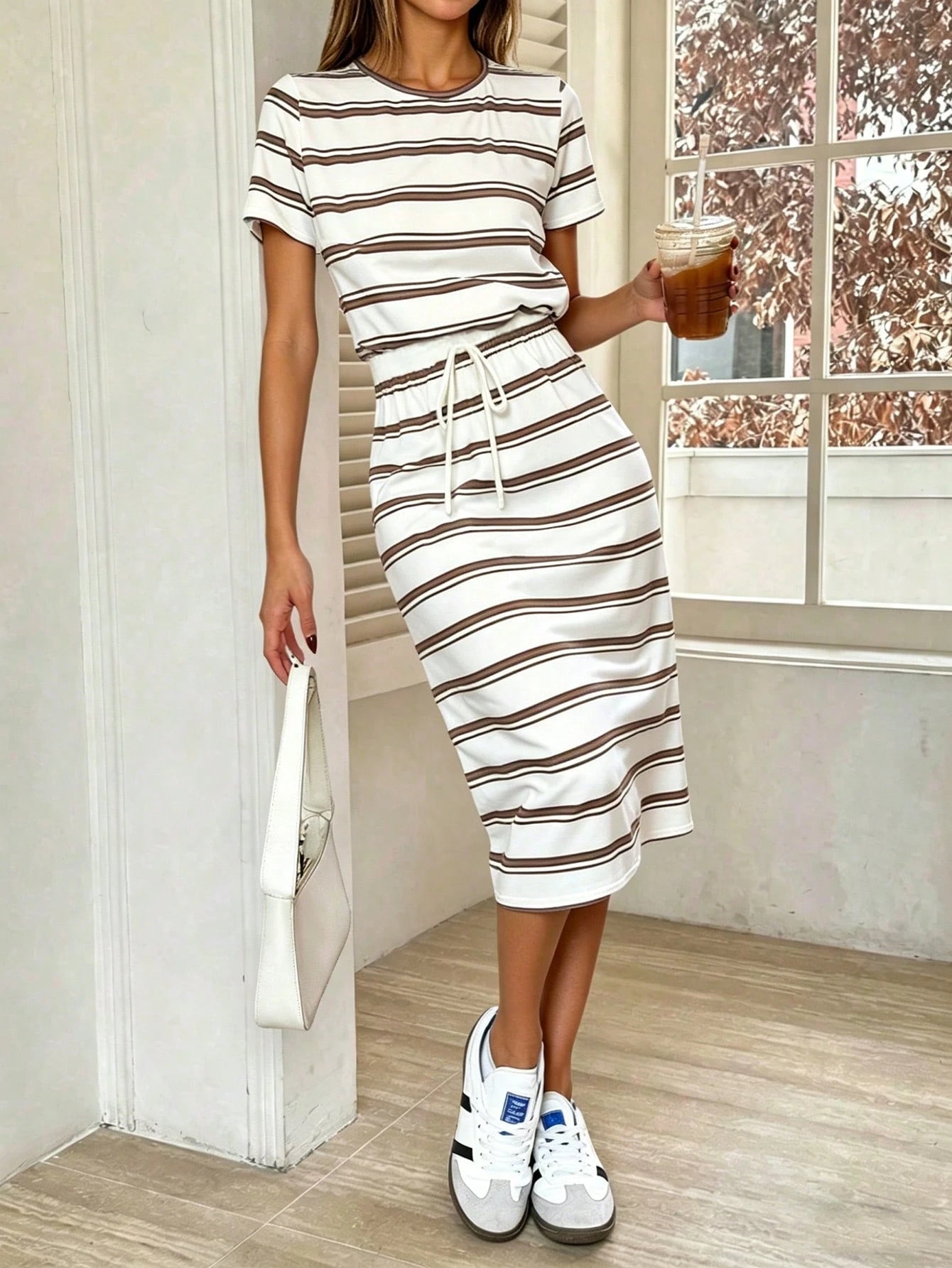 Pariaura Striped Tie-Up Midi Casual Dress For Women,Brown And White Polka Dot,Summer Brunch Retro Outfit,Spot Pulka Dot New Arrival Retro Dresses For Woman