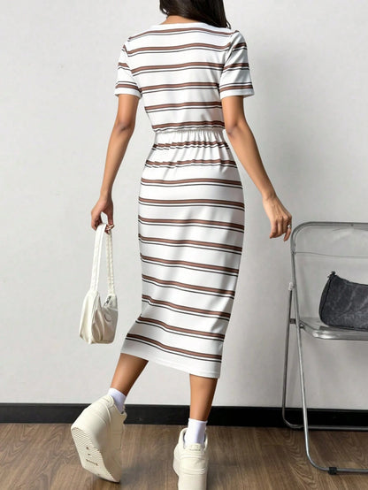 Pariaura Striped Tie-Up Midi Casual Dress For Women,Brown And White Polka Dot,Summer Brunch Retro Outfit,Spot Pulka Dot New Arrival Retro Dresses For Woman