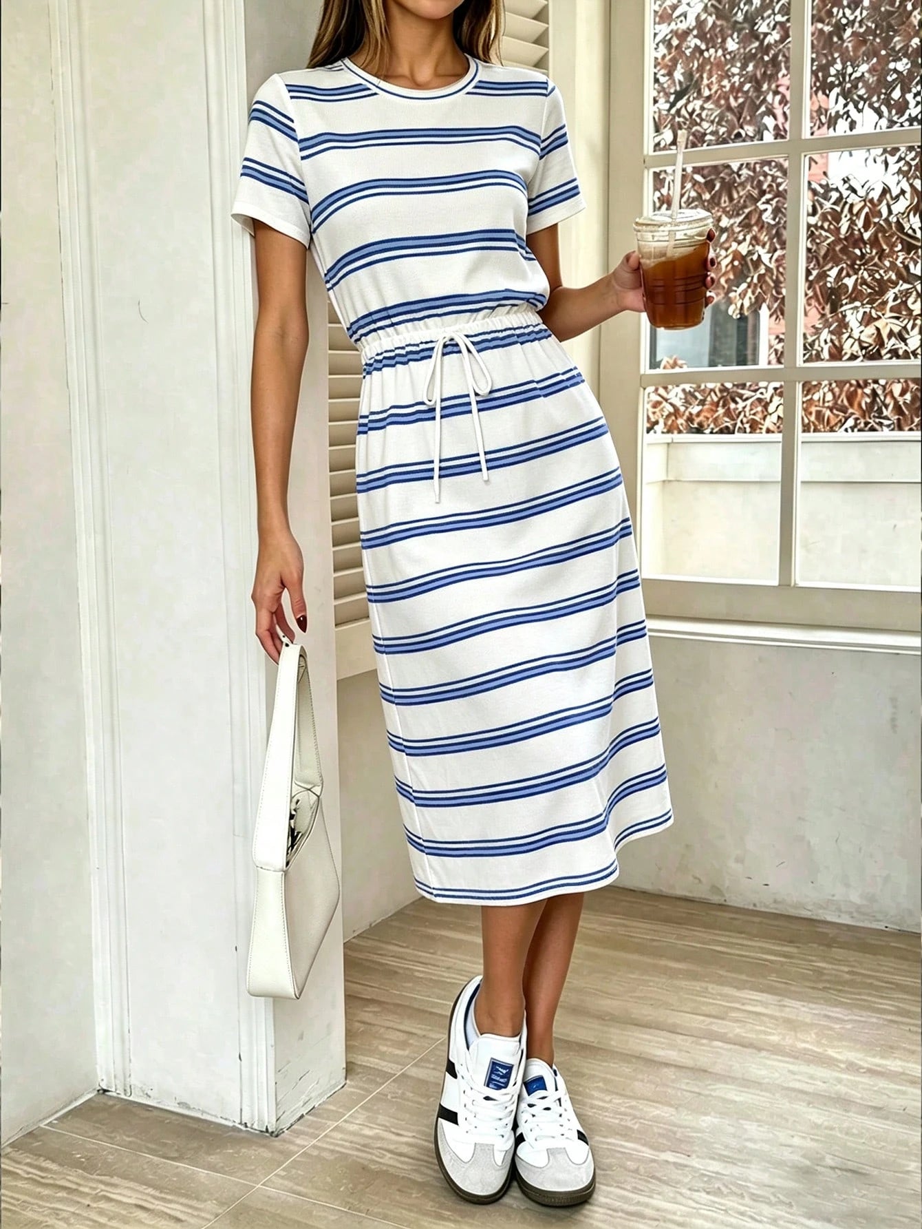 Pariaura Striped Tie-Up Midi Casual Dress For Women,Brown And White Polka Dot,Summer Brunch Retro Outfit,Spot Pulka Dot New Arrival Retro Dresses For Woman