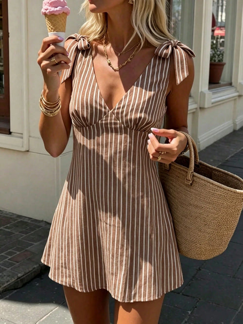 Pariaura Vintage Brown Polka Dot V-Neck Bow Strap Dress/ Sexy Fitted/ French Retro Mini Dress