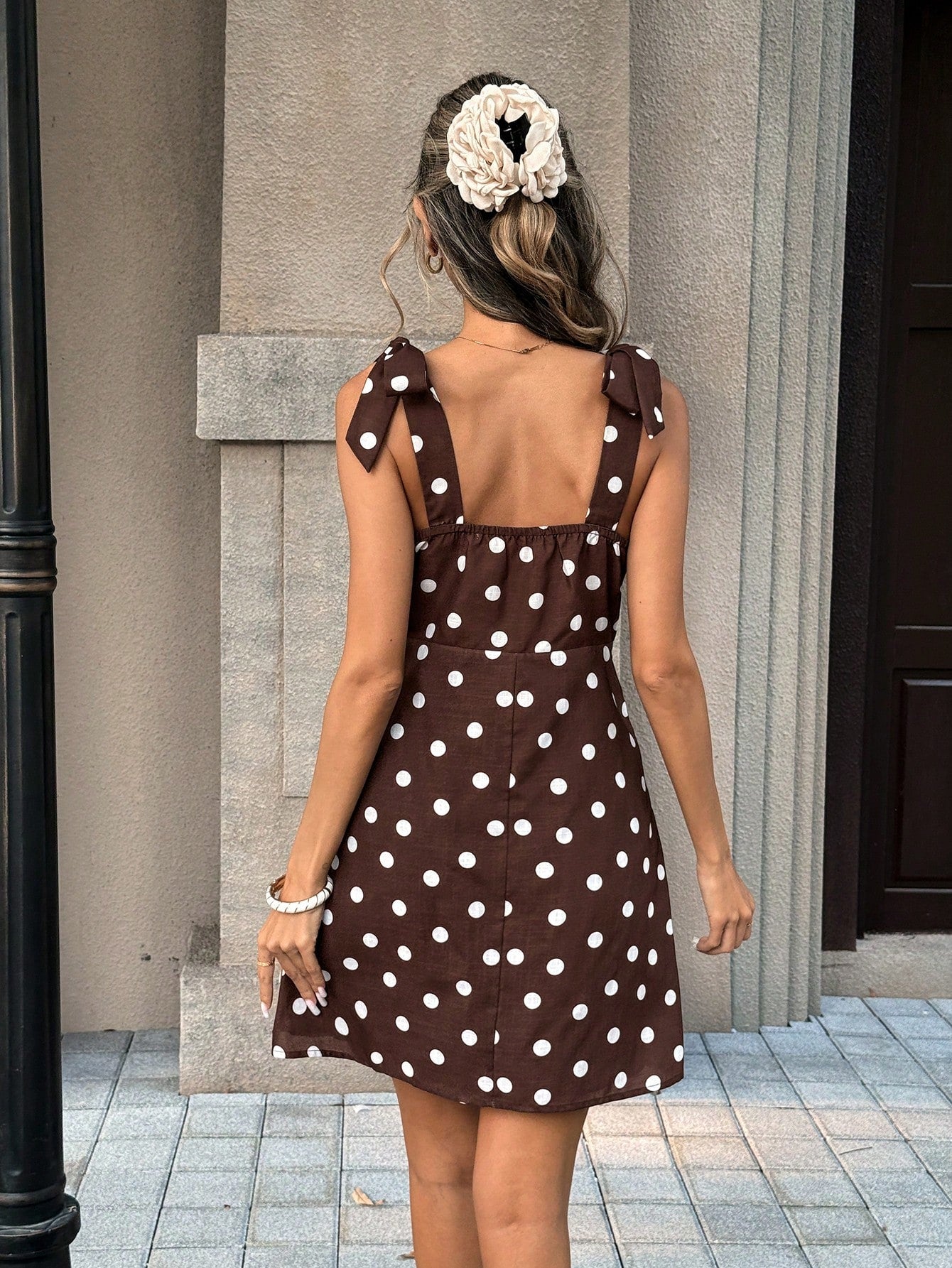 Pariaura Vintage Brown Polka Dot V-Neck Bow Strap Dress/ Sexy Fitted/ French Retro Mini Dress