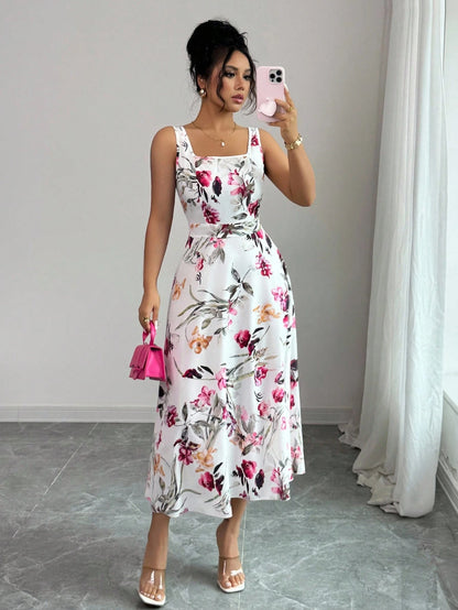 Pariaura Women's Fashionable Elegant Printed Waist Dress