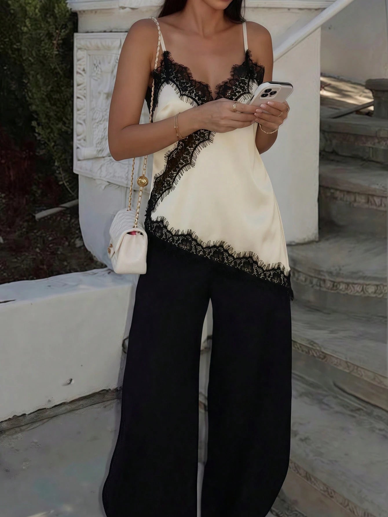 PariChic Women's Lace-Embellished Backless Cami Top, Elegant Silk-Embroidered Summer Wear, Seductive Date Night, Cream And Black Summer Casual Beachwear