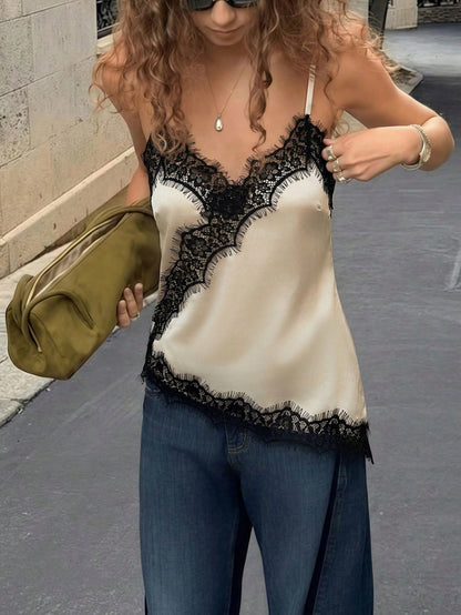 PariChic Women's Lace-Embellished Backless Cami Top, Elegant Silk-Embroidered Summer Wear, Seductive Date Night, Cream And Black Summer Casual Beachwear