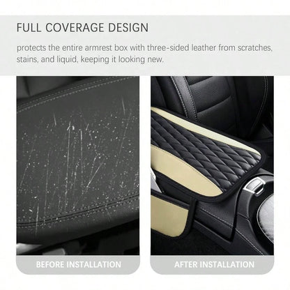 Patchwork Leather Center Console Covers, Upgraded Arm Rest Cover Car With Side Storage Pocket Car Organizer, Middle Console Cover Stylish Car Decoration Purple