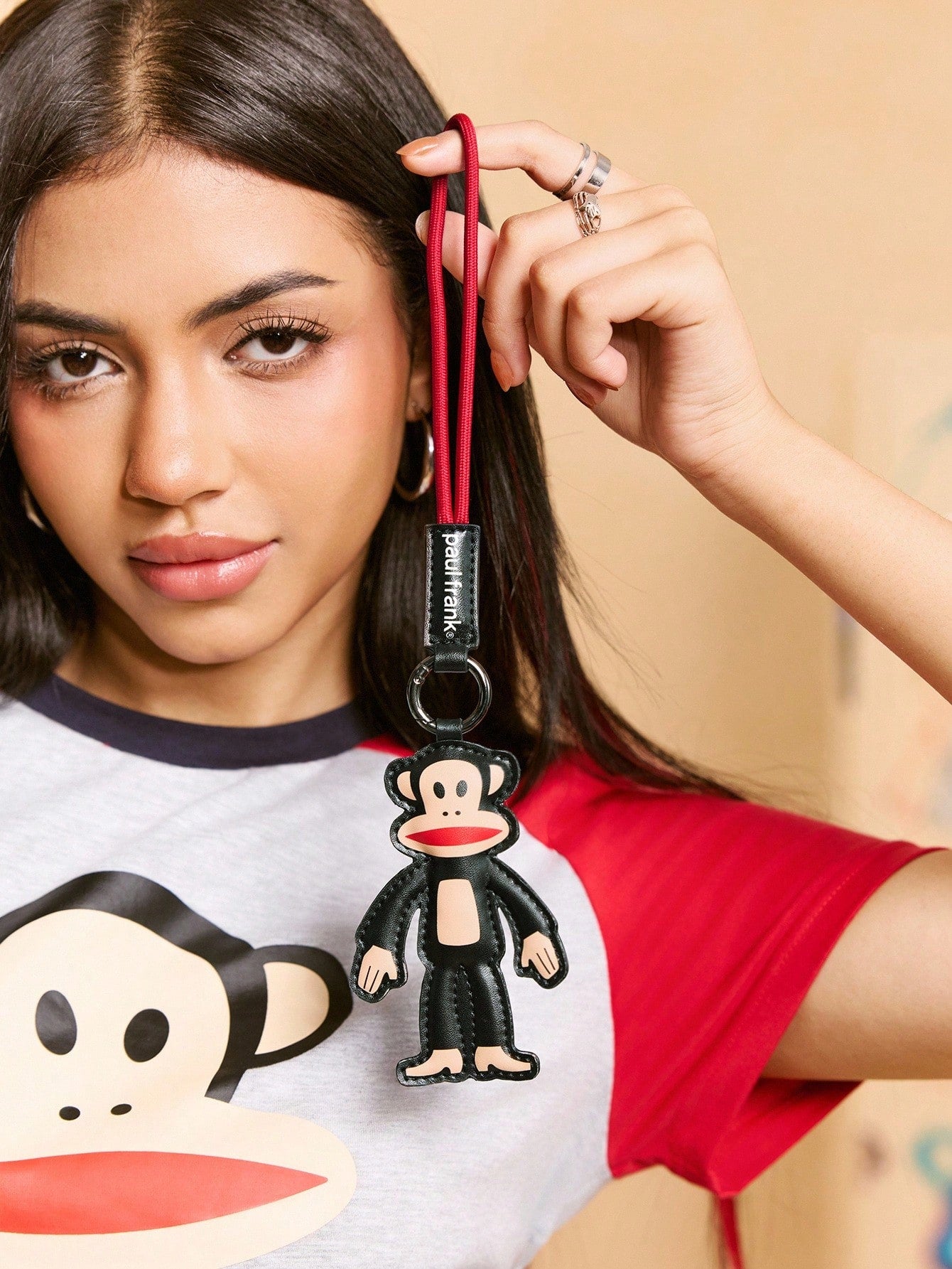 Paul Frank X 1pc Cartoon Character PU Leather Bag Charm, Keychain, Pendant- Monkey Design, & Fashionable, Can Decorate Bags, Clothes, Card Holders