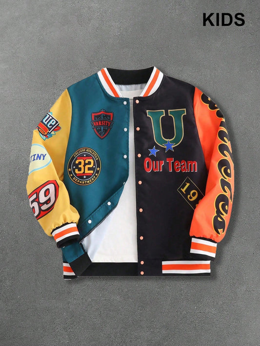 PAVTROS 1pc Tween Boy Casual Colorful Patchwork Contrast Color Printed Jacket, Suitable For Street Wear Fall Winter