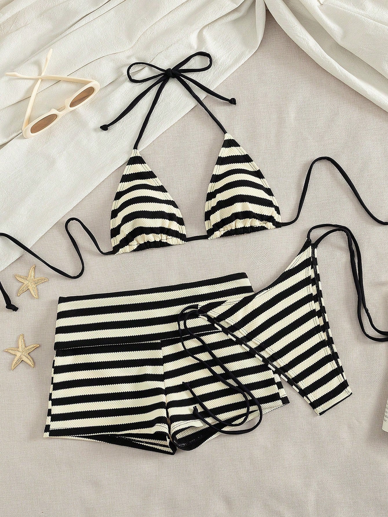 PEPPERMOLLY 3pcs Women Swimwear Bikini Set, Retro Black & White Striped Beach Wear Shorts/Coverup/Birthday Outfit/Casual/Y2K/2000s/Y2K Fashion/Elegant/Old Money/Streetwear/Holiday Attire Vacation Summ