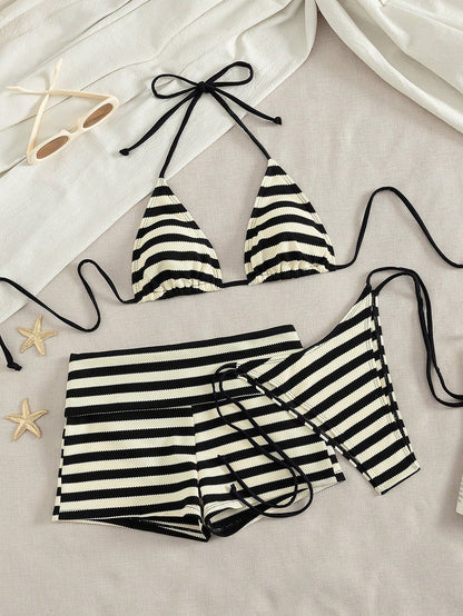 PEPPERMOLLY 3pcs Women Swimwear Bikini Set, Retro Black & White Striped Beach Wear Shorts/Coverup/Birthday Outfit/Casual/Y2K/2000s/Y2K Fashion/Elegant/Old Money/Streetwear/Holiday Attire Vacation Summ