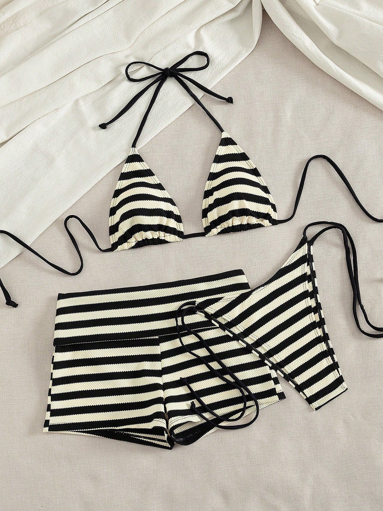 PEPPERMOLLY 3pcs Women Swimwear Bikini Set, Retro Black & White Striped Beach Wear Shorts/Coverup/Birthday Outfit/Casual/Y2K/2000s/Y2K Fashion/Elegant/Old Money/Streetwear/Holiday Attire Vacation Summ