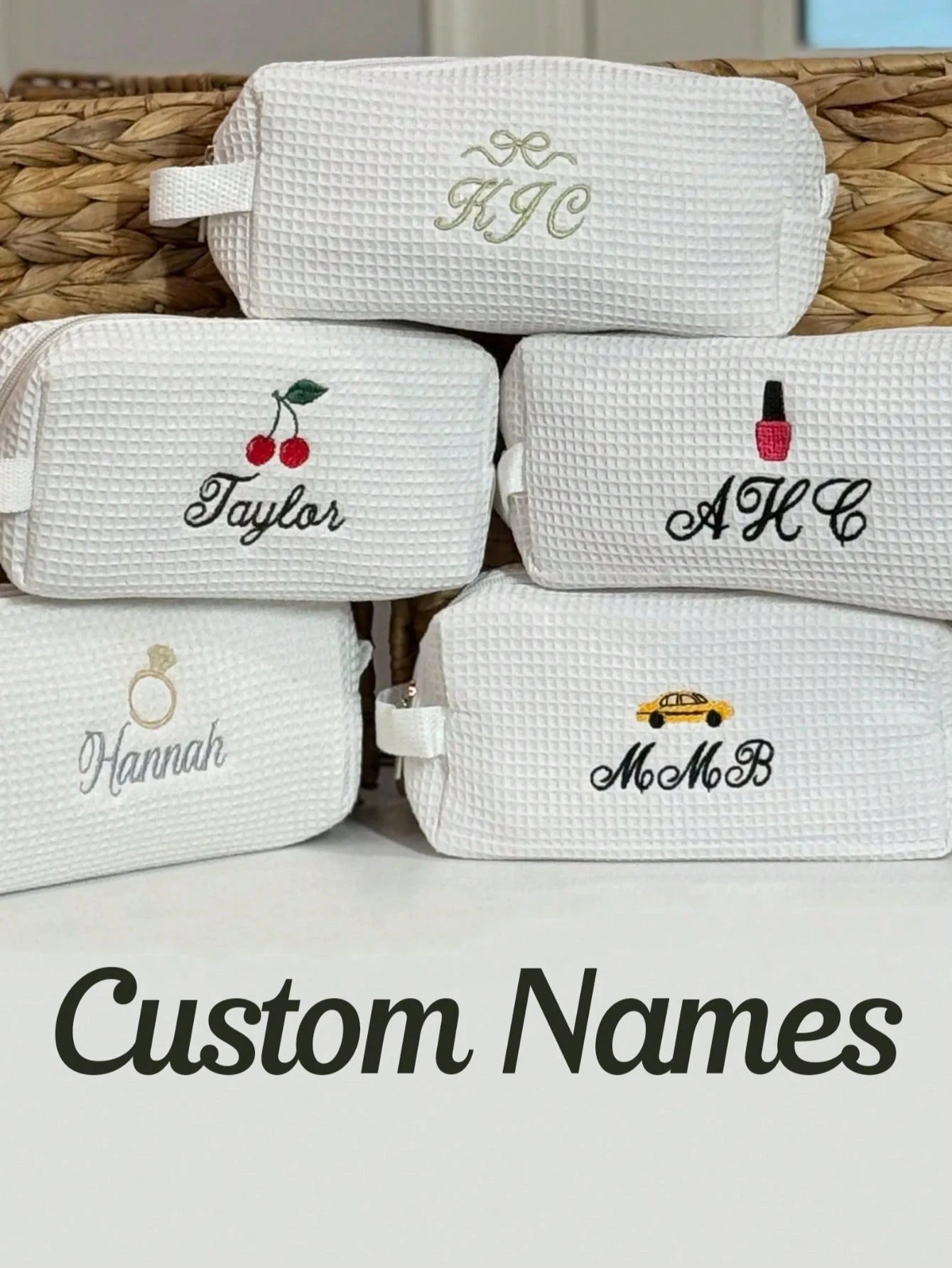Personalized Waffle Makeup Bag, Customized Name Toiletry Bag, Embroidered Letter Makeup Bag, Initial Monogram Makeup Bag, Bridesmaid Waffle Woven Cosmetic Bag For Travel