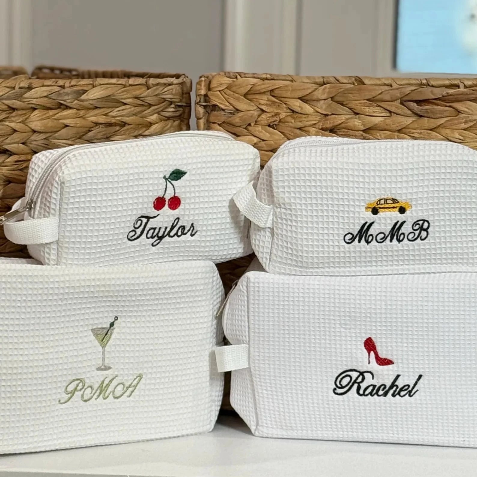 Personalized Waffle Makeup Bag, Customized Name Toiletry Bag, Embroidered Letter Makeup Bag, Initial Monogram Makeup Bag, Bridesmaid Waffle Woven Cosmetic Bag For Travel