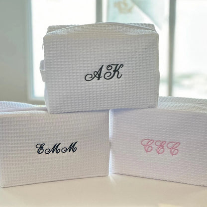 Personalized Waffle Makeup Bag, Customized Name Toiletry Bag, Embroidered Letter Makeup Bag, Initial Monogram Makeup Bag, Bridesmaid Waffle Woven Cosmetic Bag For Travel