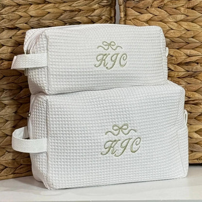 Personalized Waffle Makeup Bag, Customized Name Toiletry Bag, Embroidered Letter Makeup Bag, Initial Monogram Makeup Bag, Bridesmaid Waffle Woven Cosmetic Bag For Travel