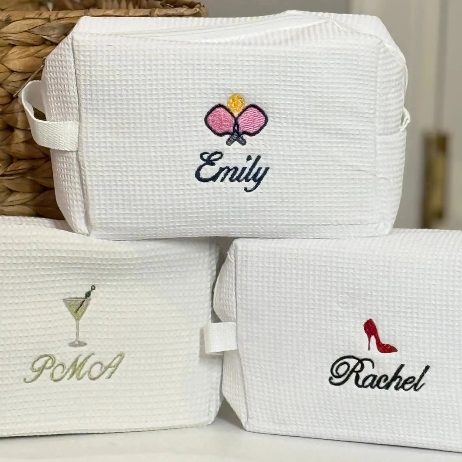 Personalized Waffle Makeup Bag, Customized Name Toiletry Bag, Embroidered Letter Makeup Bag, Initial Monogram Makeup Bag, Bridesmaid Waffle Woven Cosmetic Bag For Travel
